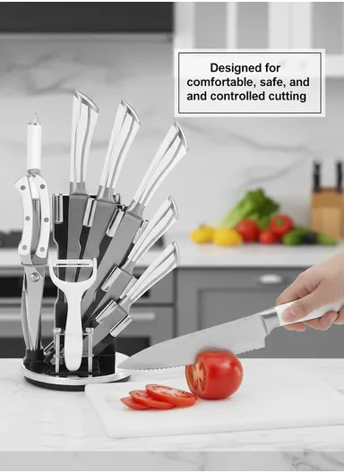9 Pieces Stainless Steel Kitchen Knife Set with Stand, Peeler &amp; Shears - White &amp; Silver