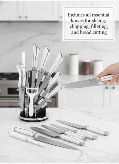 9 Pieces Stainless Steel Kitchen Knife Set with Stand, Peeler &amp; Shears - White &amp; Silver