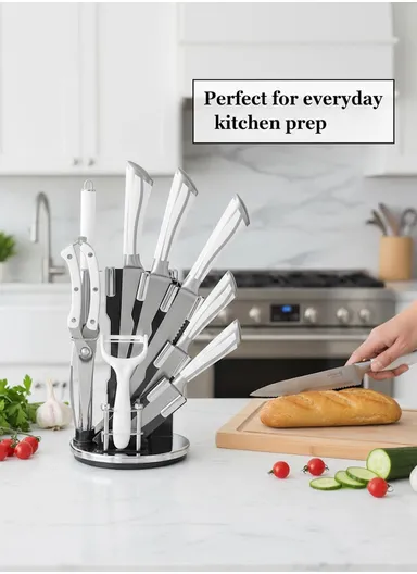 9 Pieces Stainless Steel Kitchen Knife Set with Stand, Peeler &amp; Shears - White &amp; Silver