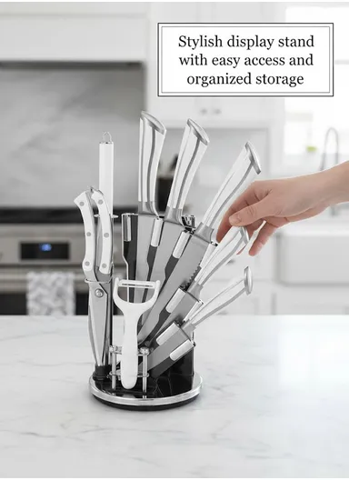 9 Pieces Stainless Steel Kitchen Knife Set with Stand, Peeler &amp; Shears - White &amp; Silver