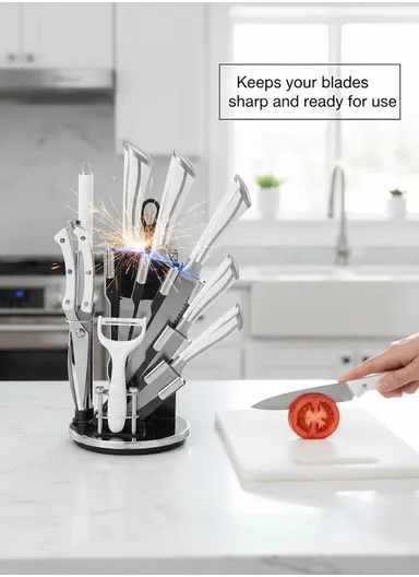 9 Pieces Stainless Steel Kitchen Knife Set with Stand, Peeler &amp; Shears - White &amp; Silver
