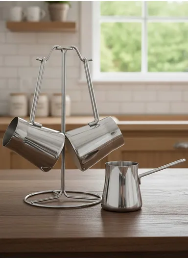 4-Piece Stainless Steel Turkish Coffee Warmer Pot Set With Stand (D14 x H28)cm