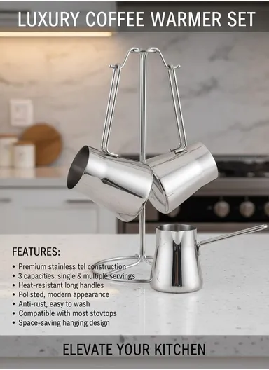 4-Piece Stainless Steel Turkish Coffee Warmer Pot Set With Stand (D14 x H28)cm