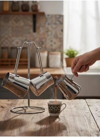 4-Piece Stainless Steel Turkish Coffee Warmer Pot Set With Stand (D14 x H28)cm