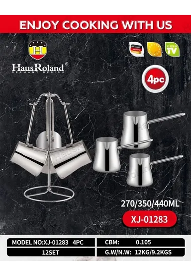 4-Piece Stainless Steel Turkish Coffee Warmer Pot Set With Stand (D14 x H28)cm