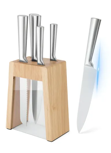 6-Pieces Stainless Steel Knife Set with Transparent Wooden Block Holder (L16.5 × W9.5 × H21)cm - Beige