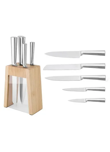 6-Pieces Stainless Steel Knife Set with Transparent Wooden Block Holder (L16.5 × W9.5 × H21)cm - Beige