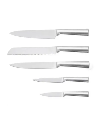 6-Pieces Stainless Steel Knife Set with Transparent Wooden Block Holder (L16.5 × W9.5 × H21)cm - Beige