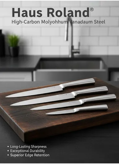 6-Pieces Stainless Steel Knife Set with Transparent Wooden Block Holder (L16.5 × W9.5 × H21)cm - Beige