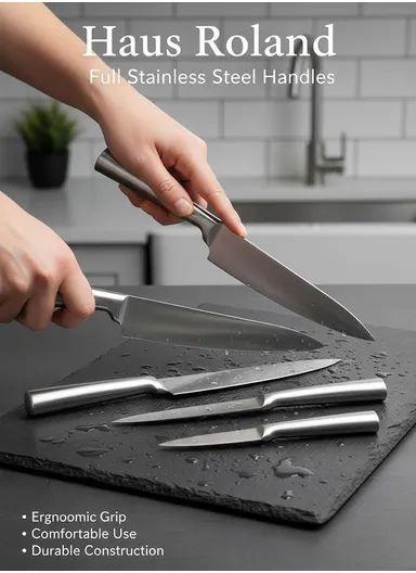6-Pieces Stainless Steel Knife Set with Transparent Wooden Block Holder (L16.5 × W9.5 × H21)cm - Beige