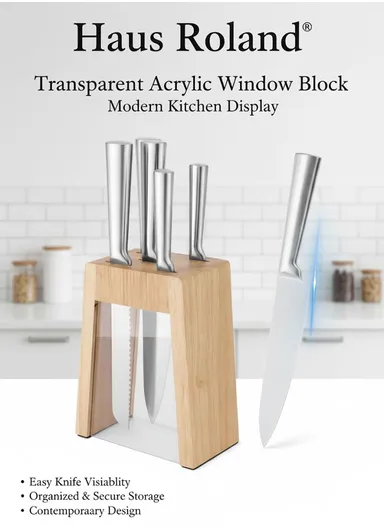 6-Pieces Stainless Steel Knife Set with Transparent Wooden Block Holder (L16.5 × W9.5 × H21)cm - Beige