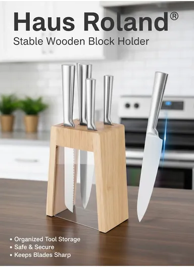 6-Pieces Stainless Steel Knife Set with Transparent Wooden Block Holder (L16.5 × W9.5 × H21)cm - Beige