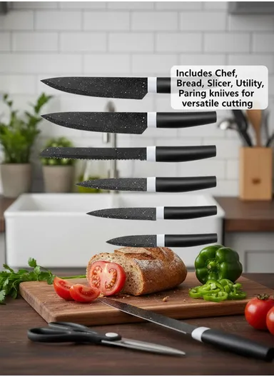 7-Pieces Stainless Steel Knife Set with Built-In Sharpening Holder &amp; Scissors – Black