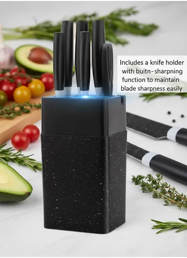 7-Pieces Stainless Steel Knife Set with Built-In Sharpening Holder &amp; Scissors – Black