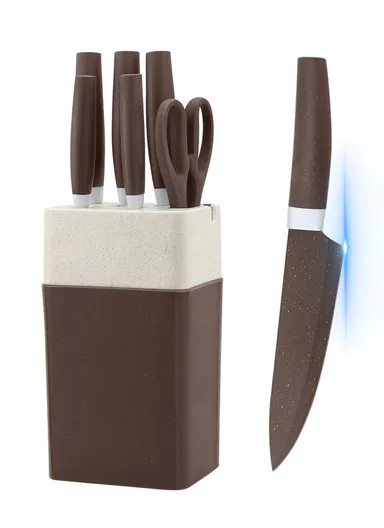 7-Pieces Stainless Steel Knife Set with Built-In Sharpening Holder &amp; Scissors – Brown