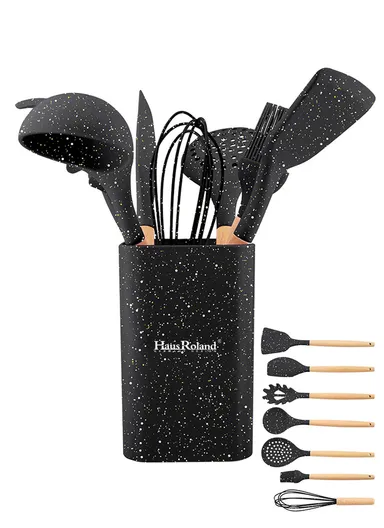 8-Pieces Non-Stick Kitchen Utensil Set With Wooden Handles &amp; Matching Holder – Black