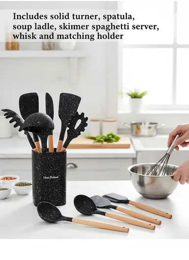 8-Pieces Non-Stick Kitchen Utensil Set With Wooden Handles &amp; Matching Holder – Black