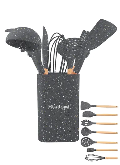 8-Pieces Non-Stick Kitchen Utensil Set With Wooden Handles &amp; Matching Holder – Grey