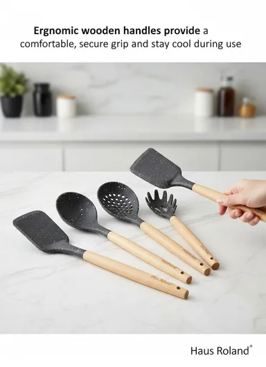 8-Pieces Non-Stick Kitchen Utensil Set With Wooden Handles &amp; Matching Holder – Grey