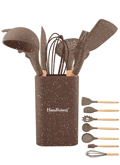 8-Pieces Non-Stick Kitchen Utensil Set With Wooden Handles &amp; Matching Holder – Brown