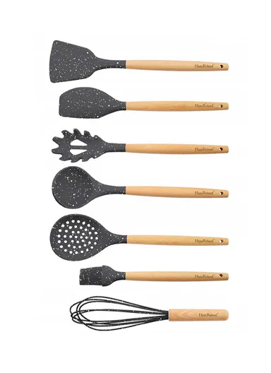 8-Pieces Kitchen Utensil Set with Wooden Handles &amp; Holder (W10 × H16)cm – Black
