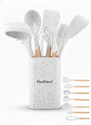 8-Pieces Kitchen Utensil Set with Wooden Handles &amp; Holder (W10 × H16)cm – White