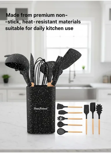 8-Pieces Kitchen Utensil Set with Wooden Handles &amp; Holder (W10 × H16)cm – White
