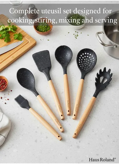 8-Pieces Kitchen Utensil Set with Wooden Handles &amp; Holder (W10 × H16)cm – Grey