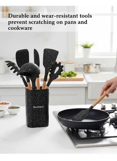 8-Pieces Kitchen Utensil Set with Wooden Handles &amp; Holder (W10 × H16)cm – Grey