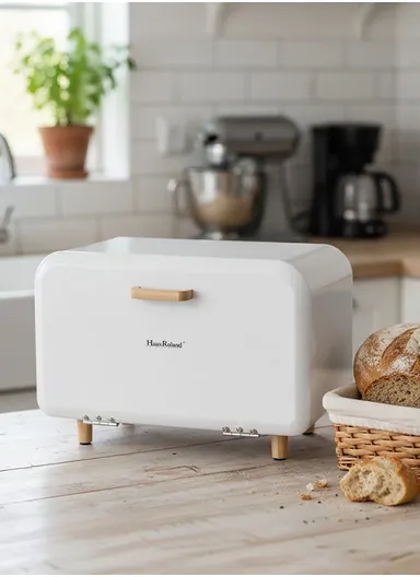 Modern Metal Bread Box with Wooden Handle &amp; Raised Legs (W35 x D20 x H19)cm - White