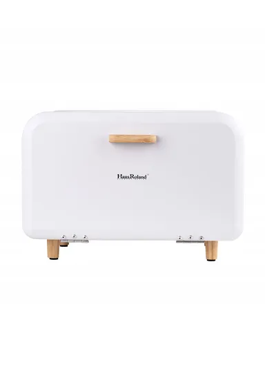 Modern Metal Bread Box with Wooden Handle &amp; Raised Legs (W35 x D20 x H19)cm - White