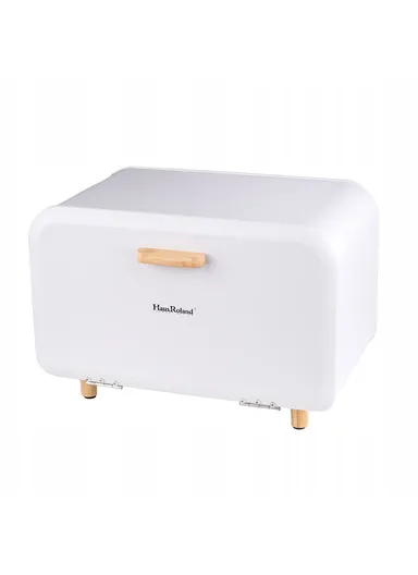 Modern Metal Bread Box with Wooden Handle &amp; Raised Legs (W35 x D20 x H19)cm - White