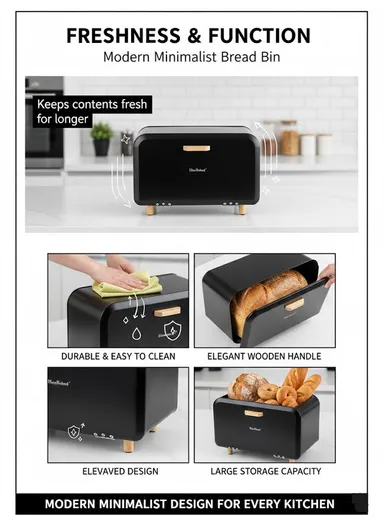 Modern Metal Bread Box with Wooden Handle &amp; Raised Legs (W35 x D20 x H19)cm - White