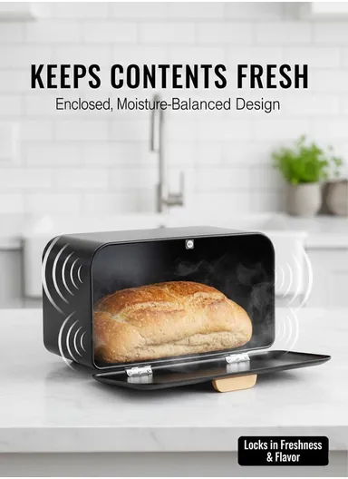 Modern Metal Bread Box with Wooden Handle &amp; Raised Legs (W35 x D20 x H19)cm - White