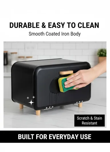 Modern Metal Bread Box with Wooden Handle &amp; Raised Legs (W35 x D20 x H19)cm - White