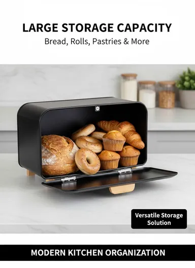 Modern Metal Bread Box with Wooden Handle &amp; Raised Legs (W35 x D20 x H19)cm - White