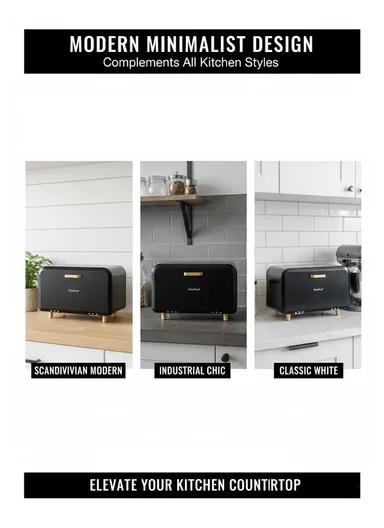 Modern Metal Bread Box with Wooden Handle &amp; Raised Legs (W35 x D20 x H19)cm - White