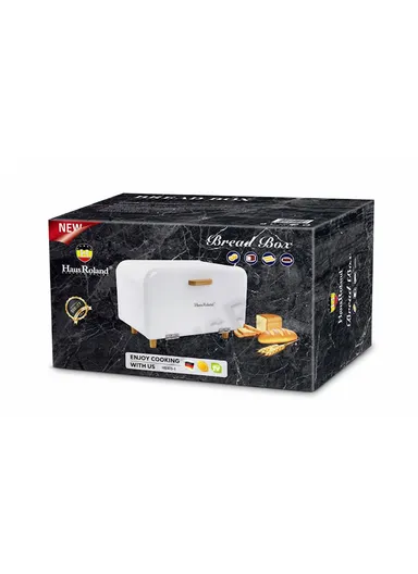 Modern Metal Bread Box with Wooden Handle &amp; Raised Legs (W35 x D20 x H19)cm - White