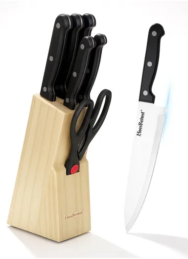 7-Piece Stainless Steel Knife Set With Wooden Block &amp; Kitchen Scissor HR609-1