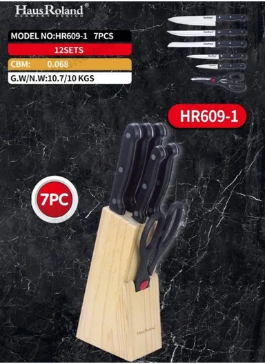 7-Piece Stainless Steel Knife Set With Wooden Block &amp; Kitchen Scissor HR609-1