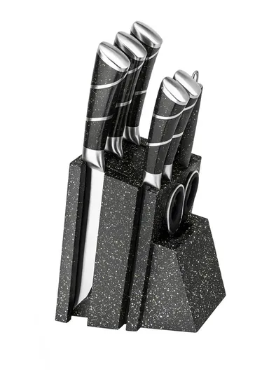 8-Pieces High-Carbon Stainless Steel Knife Set with Sharpening Rod &amp; Speckled Knife Block – Black