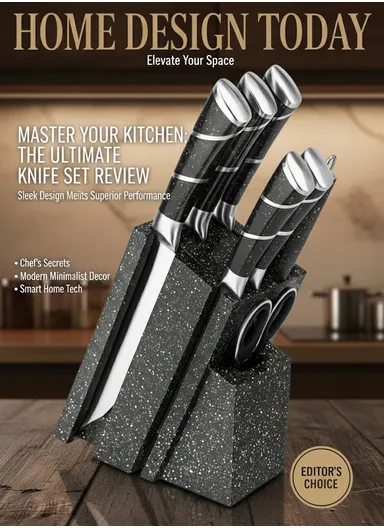 8-Pieces High-Carbon Stainless Steel Knife Set with Sharpening Rod &amp; Speckled Knife Block – Black