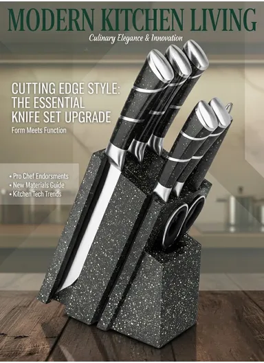 8-Pieces High-Carbon Stainless Steel Knife Set with Sharpening Rod &amp; Speckled Knife Block – Black