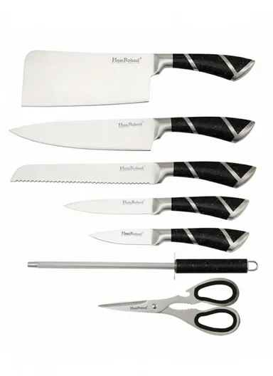 8-Pieces High-Carbon Stainless Steel Knife Set with Sharpening Rod &amp; Speckled Knife Block – Black