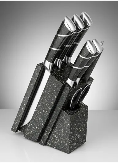 8-Pieces High-Carbon Stainless Steel Knife Set with Sharpening Rod &amp; Speckled Knife Block – Black