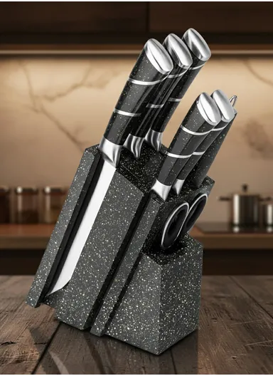 8-Pieces High-Carbon Stainless Steel Knife Set with Sharpening Rod &amp; Speckled Knife Block – Black