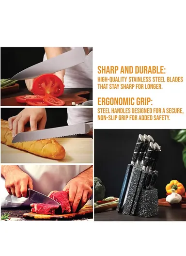 8-Pieces High-Carbon Stainless Steel Knife Set with Sharpening Rod &amp; Speckled Knife Block – Black