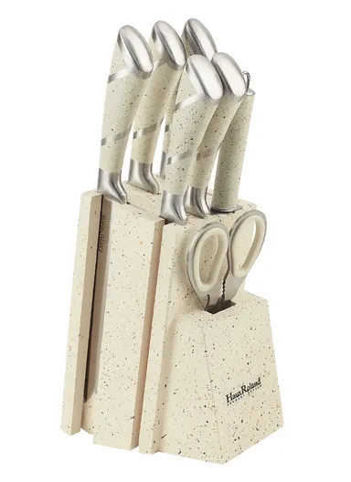 8-Pieces High-Carbon Stainless Steel Knife Set with Sharpening Rod &amp; Speckled Knife Block – White