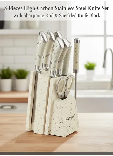 8-Pieces High-Carbon Stainless Steel Knife Set with Sharpening Rod &amp; Speckled Knife Block – White