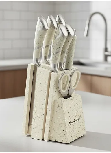 8-Pieces High-Carbon Stainless Steel Knife Set with Sharpening Rod &amp; Speckled Knife Block – White